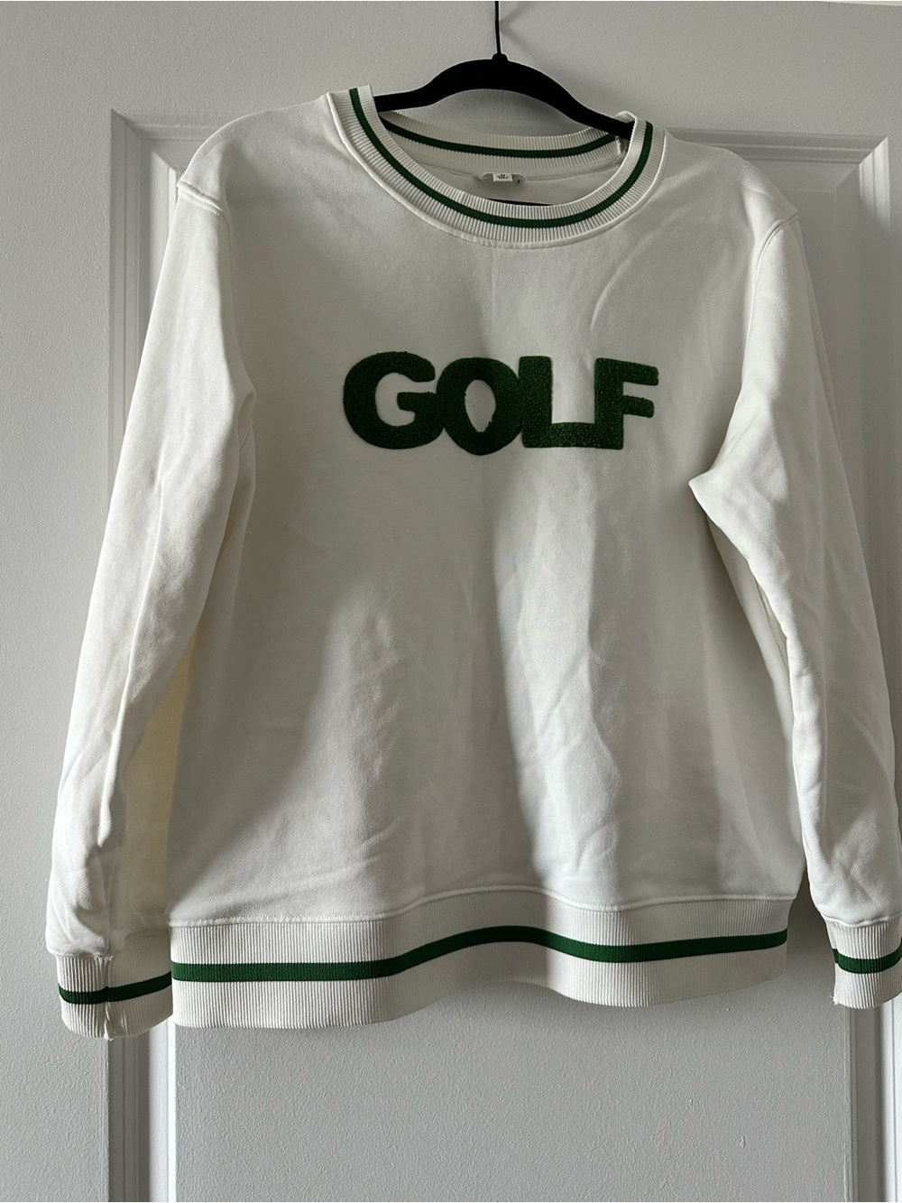 Le Lis White Crewneck Sweater with Green 'GOLF' Logo